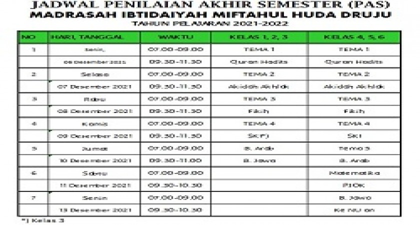 JADWAL PENILAIAN AKHIR SEMESTER